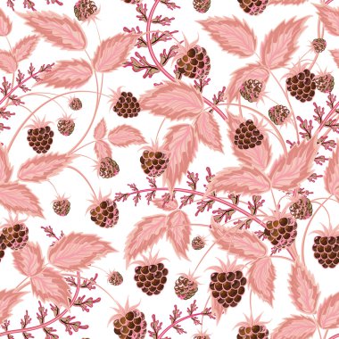 Seamless pattern with leaves and raspberry. Background for your design with bright, contrasting brown berries and pink leaves. Vector illustration.