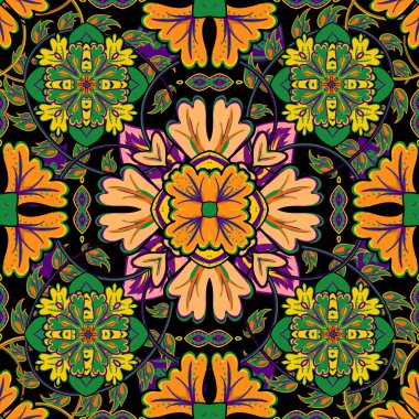 Vector bright pattern. East ornament with colorful orange green yellow purple details on the turquoise background. Template for any surface. Elegant backdrop with oriental ornaments of mandalas.