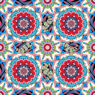 Oryantal geleneksel süsleme, Akdeniz seamless modeli, fayans tasarımı, vektör çizim. Vektör parlak mavi kırmızı desen. 