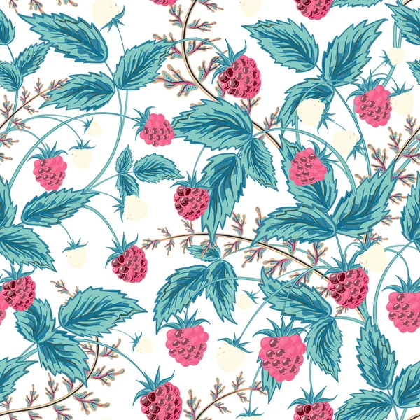 Seamless raspberry pattern. Cute hand drawing raspberry background in blue brown tone. Vector illustration. For cards,  wedding or baby shower albums, backgrounds, wallpapers, arts and scrapbooks. — Stockový vektor