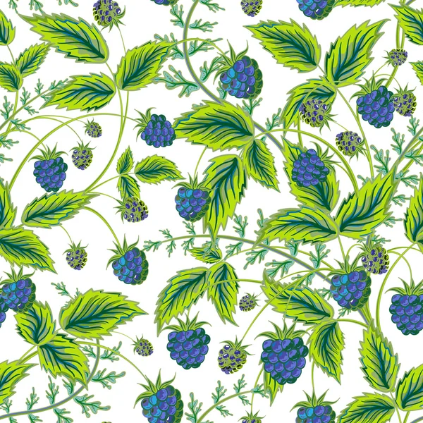 Colored raspberries seamless pattern. Seamless pattern with colored hand draw graphic blue  raspberries and green leaves. Vector illustration. — Wektor stockowy