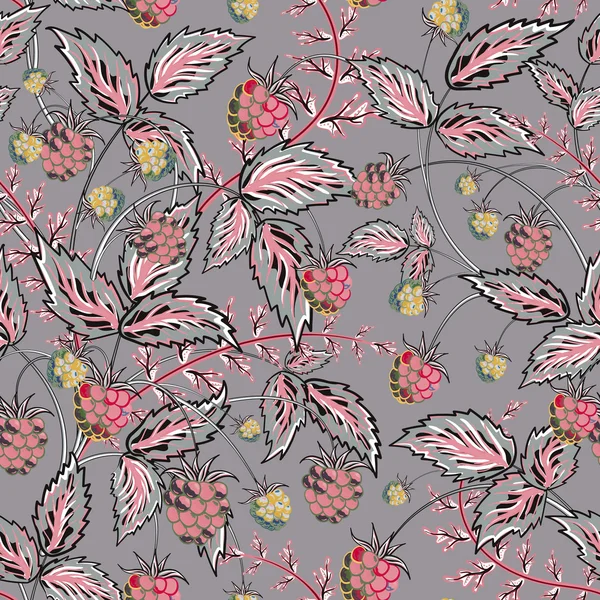 Colored raspberries seamless pattern. Seamless pattern with colored hand draw graphic raspberries in pink gray tone. Vector illustration. — Stok Vektör