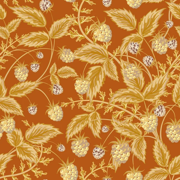 Seamless pattern with leaves and raspberry. Background for your design with bright, contrasting light brown berries and leaves on brown backdrop. Vector illustration. — Wektor stockowy