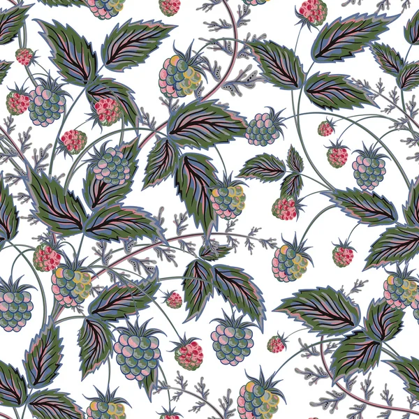 Seamless pattern with leaves and raspberry. Background for your design with bright, contrasting red berries and green leaves. Vector illustration. — 스톡 벡터