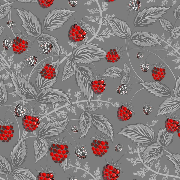 Seamless pattern with leaves and raspberry. Background for your design with bright, contrasting red berries and gray leaves on gray backdrop. Vector illustration. — Διανυσματικό Αρχείο