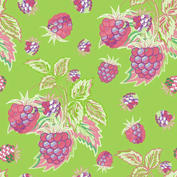 Seamless pattern with pink raspberries on green background in cartoon style. Hand drawn design for Thank you card, Greeting card or Invitation or fabric. Vector illustration. — Stockový vektor