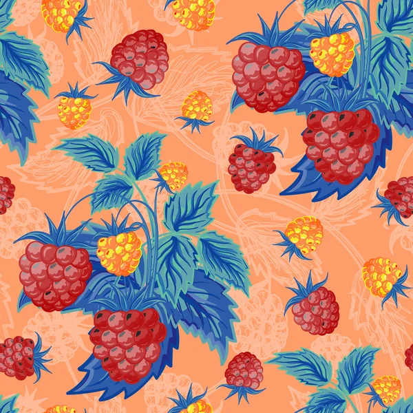 Seamless pattern with red and orange raspberries with blue leaves on pastel orange background. Hand painting. Colorful pattern for fabric, paper and other printing and web projects. — Stockový vektor