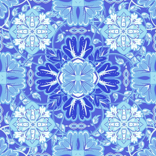 Kleurrijke, glazuur naadloze patroon van mandala's. Vector Oosterse patroon op een heldere blauwe tinten. Fairy floral patroon van cirkelvormige elementen. Kan worden gebruikt voor textiel, tapijt, tegel, sjaal. — Stockvector