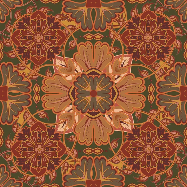Colorful, glaze seamless pattern of mandalas. Vector oriental pattern on a bright brown tones. Fairy floral pattern of circular elements.Can be used for textiles, carpet, tile, shawl. — Stock Vector