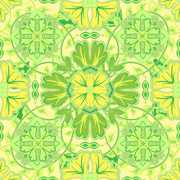 Colorido, esmalte padrão sem costura de mandalas. Padrão oriental vetorial em tons verdes amarelos brilhantes. Padrão floral fada de elementos circulares.Pode ser usado para têxteis, tapete, telha, xale . — Vetor de Stock