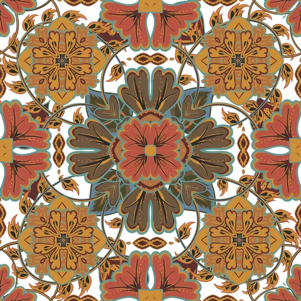 Colorful, glaze seamless pattern of mandalas. Vector oriental pattern on a bright brown tones. Fairy floral pattern of circular elements.Can be used for textiles, carpet, tile, shawl. — Stock Vector