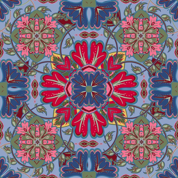 Colorful, glaze seamless pattern of mandalas. Vector oriental pattern on a bright blue red pink tones. Fairy floral pattern of circular elements.Can be used for textiles, carpet, tile, shawl. — Διανυσματικό Αρχείο