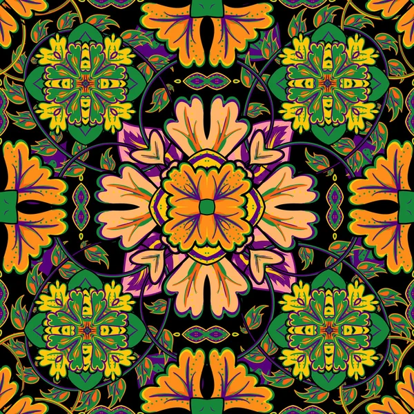 Vector bright pattern. East ornament with colorful orange green yellow purple details on the turquoise background. Template for any surface. Elegant backdrop with oriental ornaments of mandalas. — Wektor stockowy