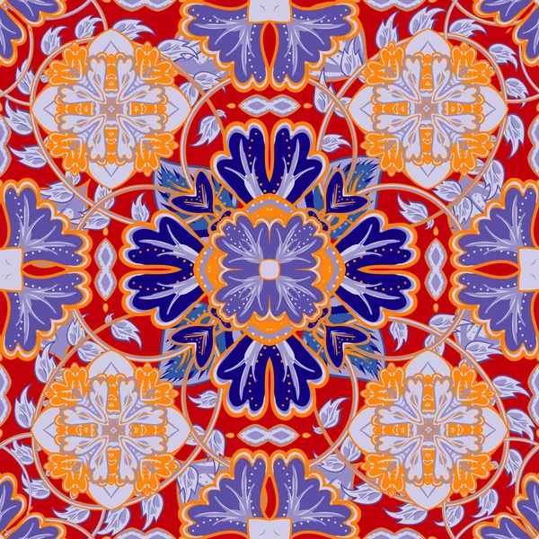 Vector bright pattern. East ornament with colorful orange blue red details on the turquoise background. Template for any surface. Elegant backdrop with oriental ornaments of mandalas. — Wektor stockowy