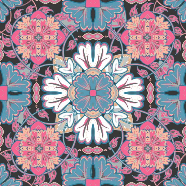 Vector patrón brillante. Adorno oriental con coloridos detalles en blanco rosa sobre fondo turquesa. Plantilla para cualquier superficie. Fondo elegante con ornamentos orientales de mandalas . — Vector de stock