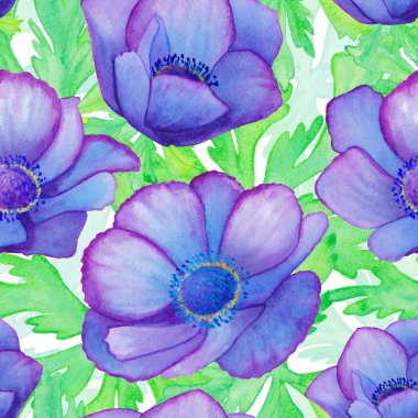 Hand painted watercolor vector blue green anemone seamless pattern background.