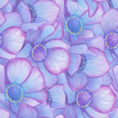Hand painted watercolor vector blue anemone seamless pattern background.