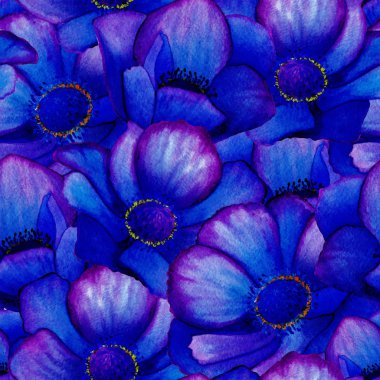 Hand painted watercolor vector blue anemone seamless pattern background.