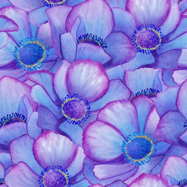 Hand painted watercolor vector blue anemone seamless pattern background.