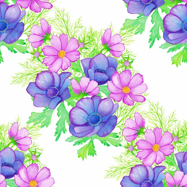 Akvarel dekorativní bezešvé pozadí složení květy sasanek a kosmu. Vektorové barevný vzor — Stockový vektor