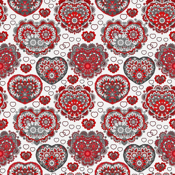 Vector background with  beautiful  hearts. Seamless pattern with ornate floral lace hearts. Red gray illustration. Valentine day lacy backdrop. — Stock vektor