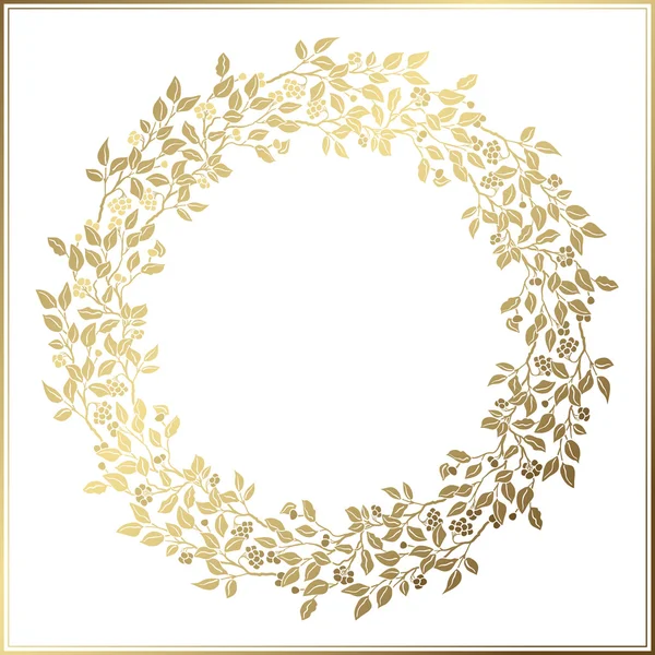 Beautiful Vintage Circle Frame. Wedding decor. Openwork template. Golden leaves and berries on white background.