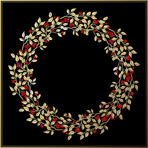 Vintage gold background with leaves and red berries, vector circle frame on black — Stockvector