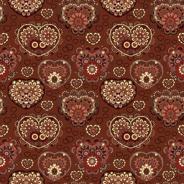 Seamless pattern with lace hearts. Beautiful valentine illustration with vintage elements. Brown figure on chocolate background. Love, birthday, Valentine day, sale. Vector — Stock vektor