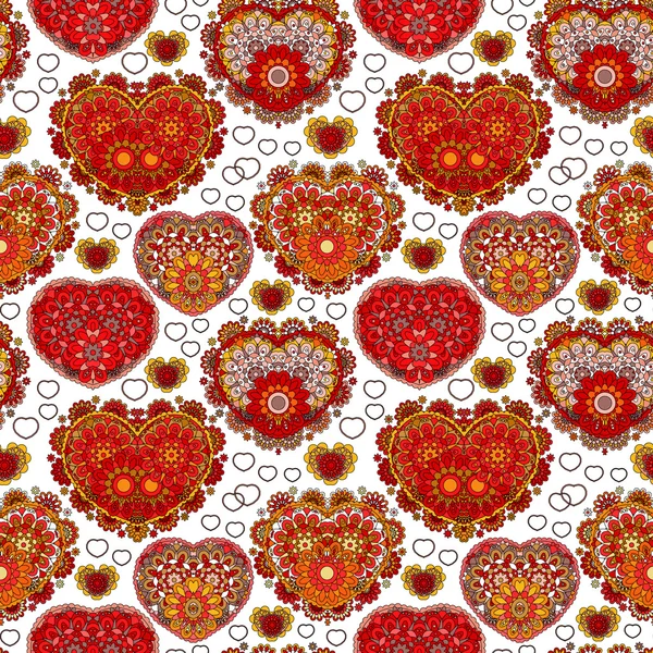 Seamless pattern with lace hearts. Beautiful valentine illustration with vintage elements. Red orange yellow figure on white background. Love, birthday, Valentine day, sale. Vector — Stok Vektör