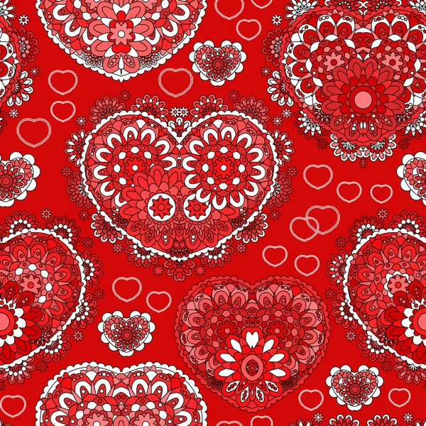 Bello sfondo decorato senza cuciture con cuori. Uno schema di scarabocchi infinito. Texture da scarabocchio ornamentale. Figura bianca rossa su sfondo rosso. Amore, compleanno, San Valentino, vendita. Vettore — Vettoriale Stock