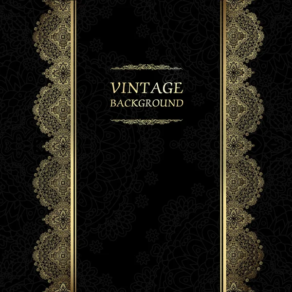Vintage background, antique greeting card, black invitation with gold lace and floral ornaments, beautiful, luxury postcard, old paper, ornate page cover, ornamental pattern template for design — Stock Vector