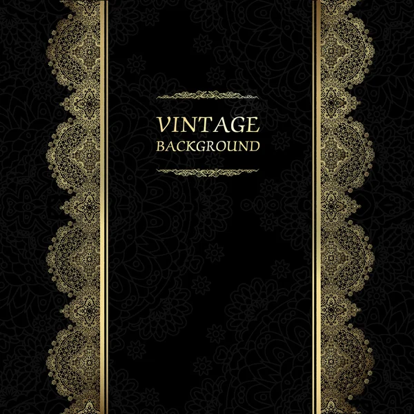 Fundo vintage, cartão de saudação antigo, convite preto com rendas de ouro e ornamentos florais, bonito, cartão postal de luxo, papel velho, capa de página ornamentada, modelo de padrão ornamental para design — Vetor de Stock