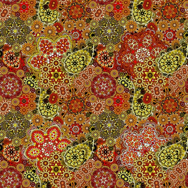 Padrão sem costura com base em elementos tradicionais asiáticos Paisley. Ilustração marrom amarelo alaranjado colorido. Fundo vetorial . —  Vetores de Stock