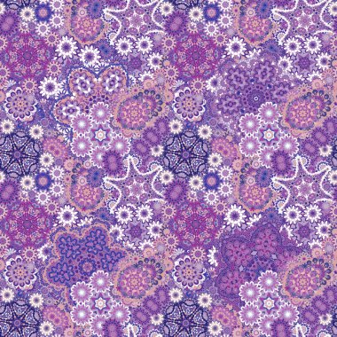 Seamless asian ethnic floral retro doodle violet lilac blue background pattern in vector. Henna paisley mehndi doodles design tribal pattern.