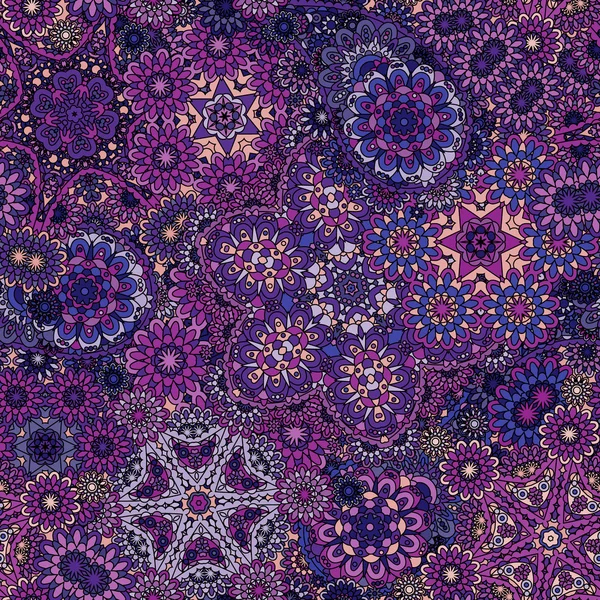 Seamless asian ethnic floral retro doodle violet lilac blue background pattern in vector. Henna paisley mehndi doodles design tribal pattern. — 图库矢量图片