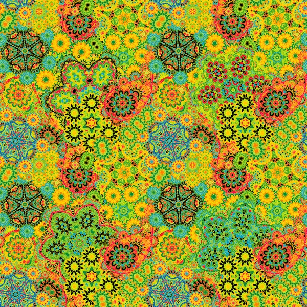 Seamless pattern with mehendi elements. Paisley indian vector illustration. Colorful yellow orange green blue background. — Stockový vektor