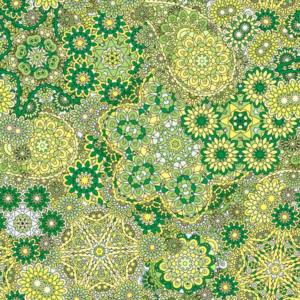 Abstract decorative seamless pattern with hand drawn green yellow floral elements — Wektor stockowy