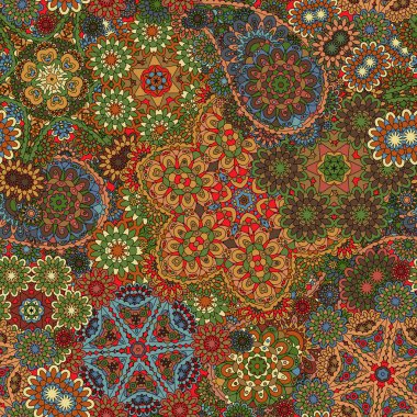 Paisley seamless pattern. Vintage red brown gold background in batik style
