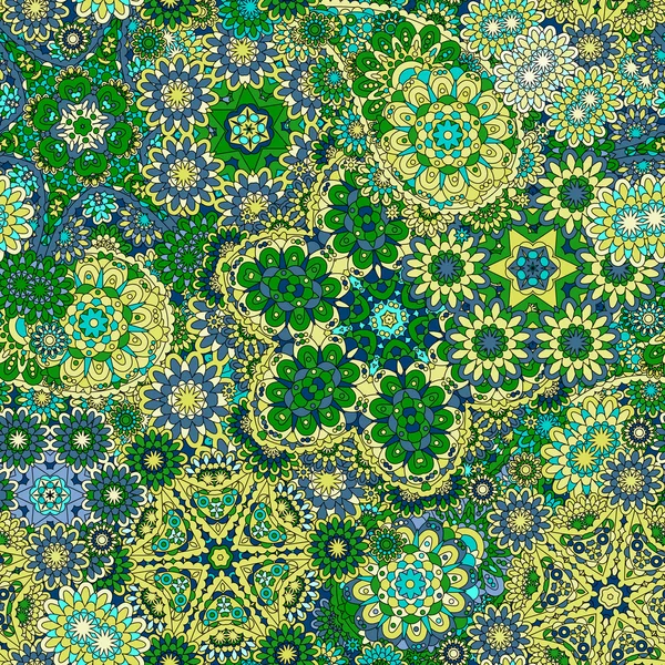 Abstract decorative seamless pattern with hand drawn green yellow floral elements — 图库矢量图片