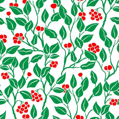 Abstract grass green leaves and bright red berries seamless vector pattern. Decorative hand drawn vintage background.