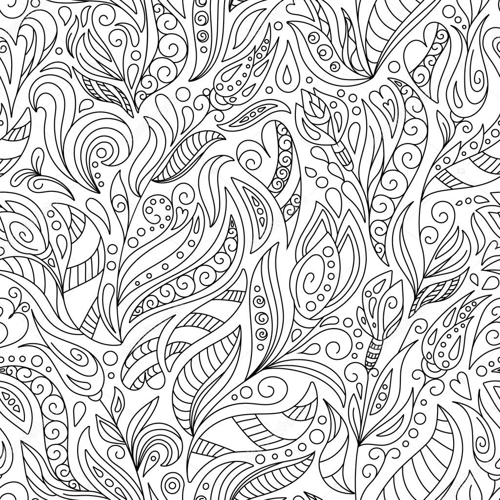Seamless pattern for coloring book.  Ethnic, floral, retro, doodle, vector, tribal design element. Black and white  background.