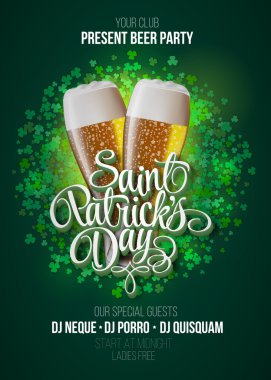 St. Patrick'ın gün poster. Bira partisi yeşil hat işareti ve iki sarı bira gözlük ile arka plan. Vektör çizim
