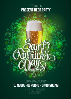 St. Patrick'ın gün poster. Bira partisi yeşil hat işareti ve bira kupa ile arka plan. Vektör çizim
