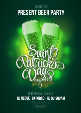 St. Patrick's Day poster. Beer party green background with calligraphy sign and two green beer glasses. Vector illustration clipart