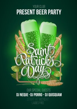 St. Patrick'ın gün poster. Bira partisi yeşil hat işareti ve çerçeve kulakları ile iki yeşil bira gözlük buğday ve hop ile arka plan. Vektör çizim