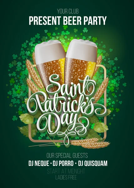 St. Patrick's Day poster. Beer party green background with calligraphy sign and two yellow beer glasses in frame with ears of wheat and hop. Vector illustration — Stock Vector
