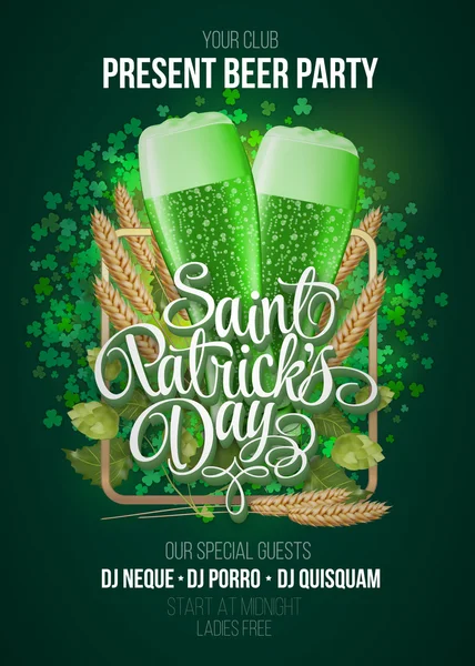 St. Patrick's Day poster. Beer party green background with calligraphy sign and two green beer glasses in frame with ears of wheat and hop. Vector illustration — Stock Vector