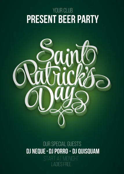 Cartel del Día de San Patricio. Fiesta de la cerveza fondo verde con signo de caligrafía. Ilustración vectorial — Vector de stock