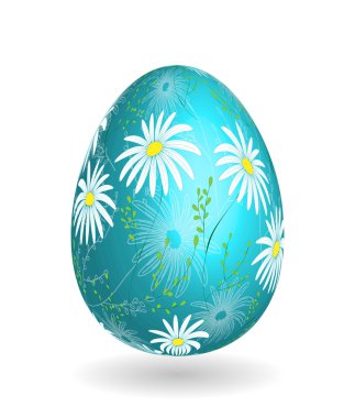 Isolated Easter eggs. Happy Easter. Vector objects. 3D. Realistic Easter eggs. Vector background. Daisy flowers on blue egg.