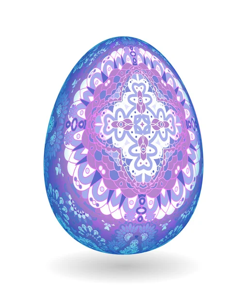 Huevo de Pascua de un solo vector colorido con patrón colorido abstracto: hermoso diseño de primer plano con sombra suave en el suelo. Patrón adornado blanco y lila en huevo azul . — Vector de stock